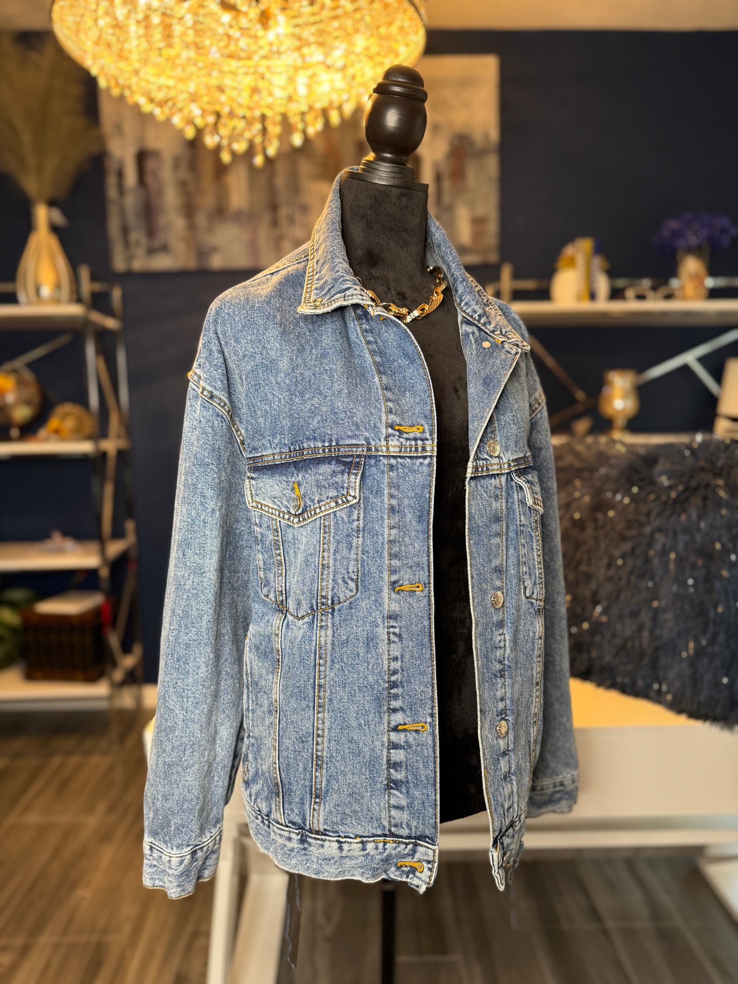 Custom Denim Gold Chain Jacket (Size 2X)