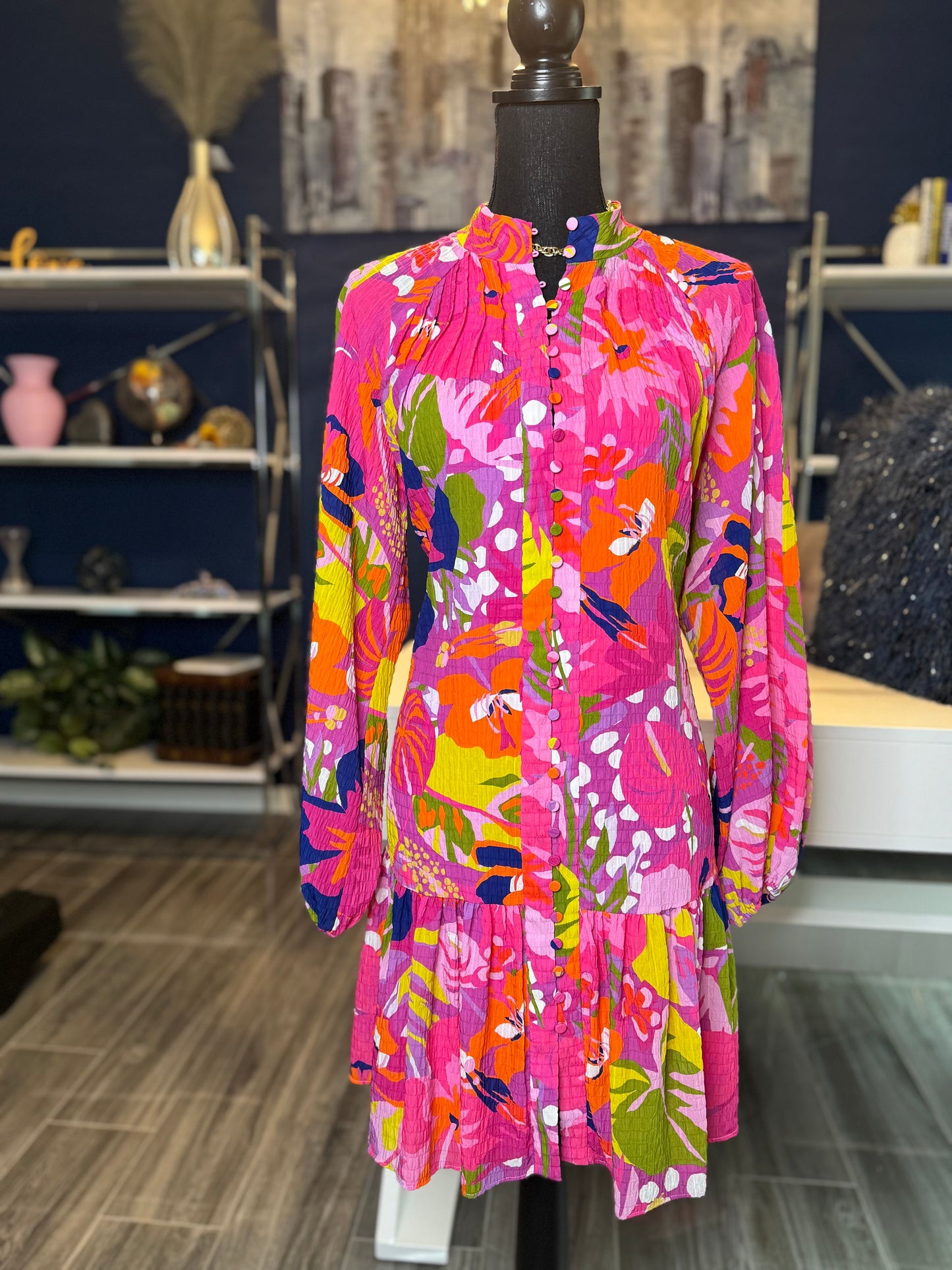 9.7.25 Antonio Melani Brynn Pink Tropical Ruffle Hem Dress (Fits a 16)