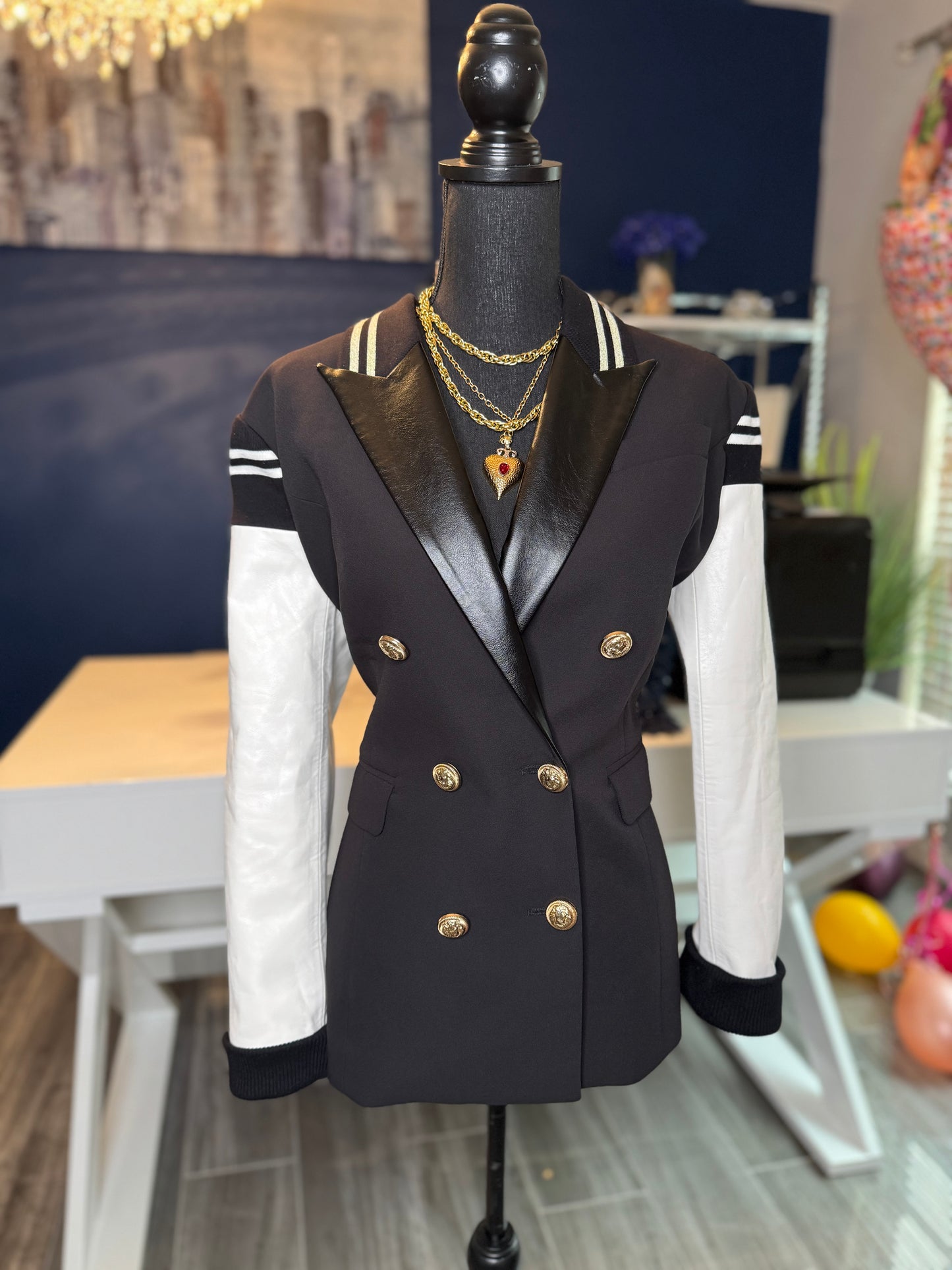 9.6.25 Black White Faux Leather Colorblock Bomber Blazer (Fits a Medium)