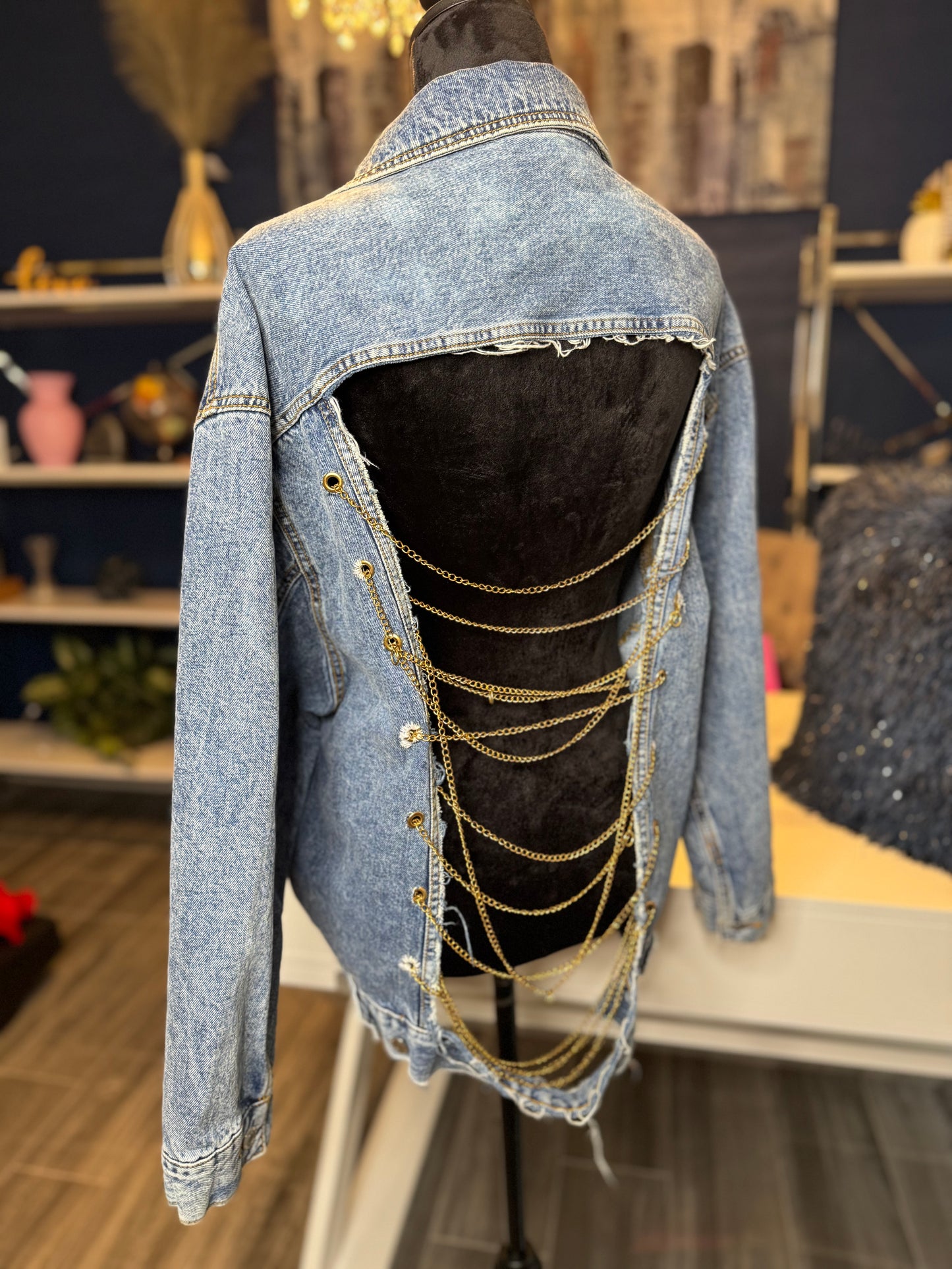 Custom Denim Gold Chain Jacket (Size 2X)