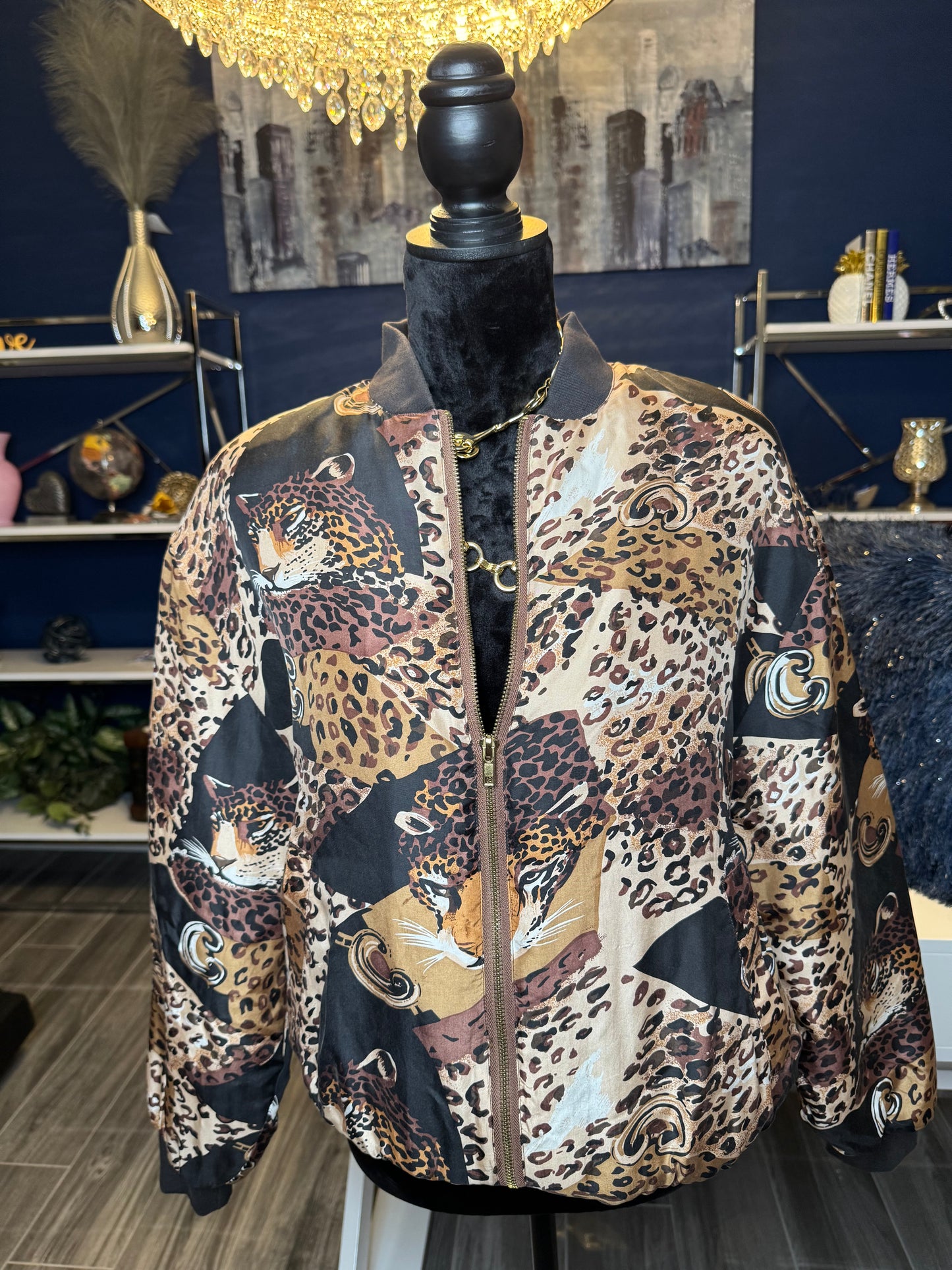 9.19.25 Vintage JJ Arnold Silk Animal Print Bomber Jacker (Size Large)