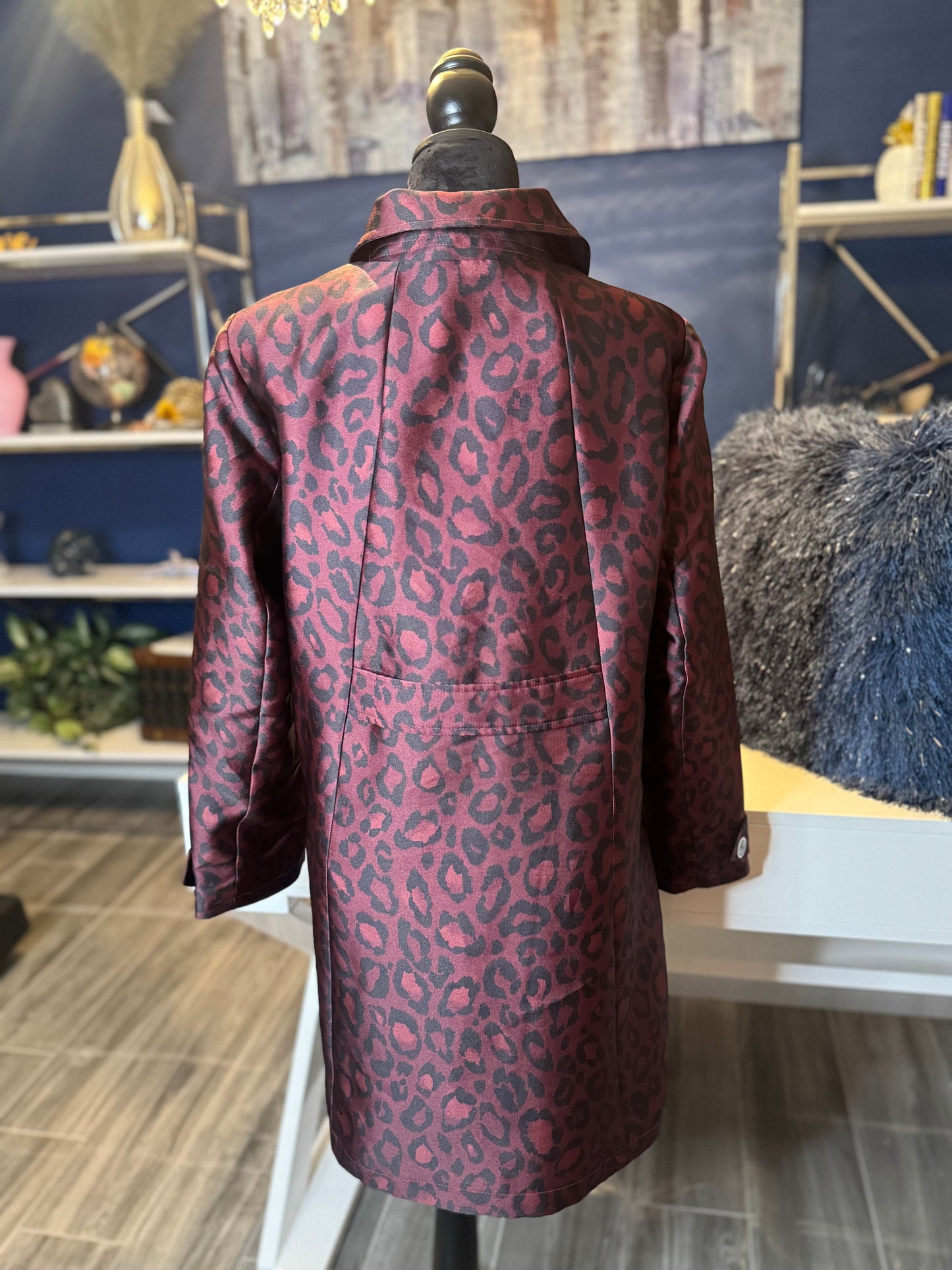 9.19.25 DENNIS BASO Burgundy Leopard Midi Trench Jacket (Size 1X)