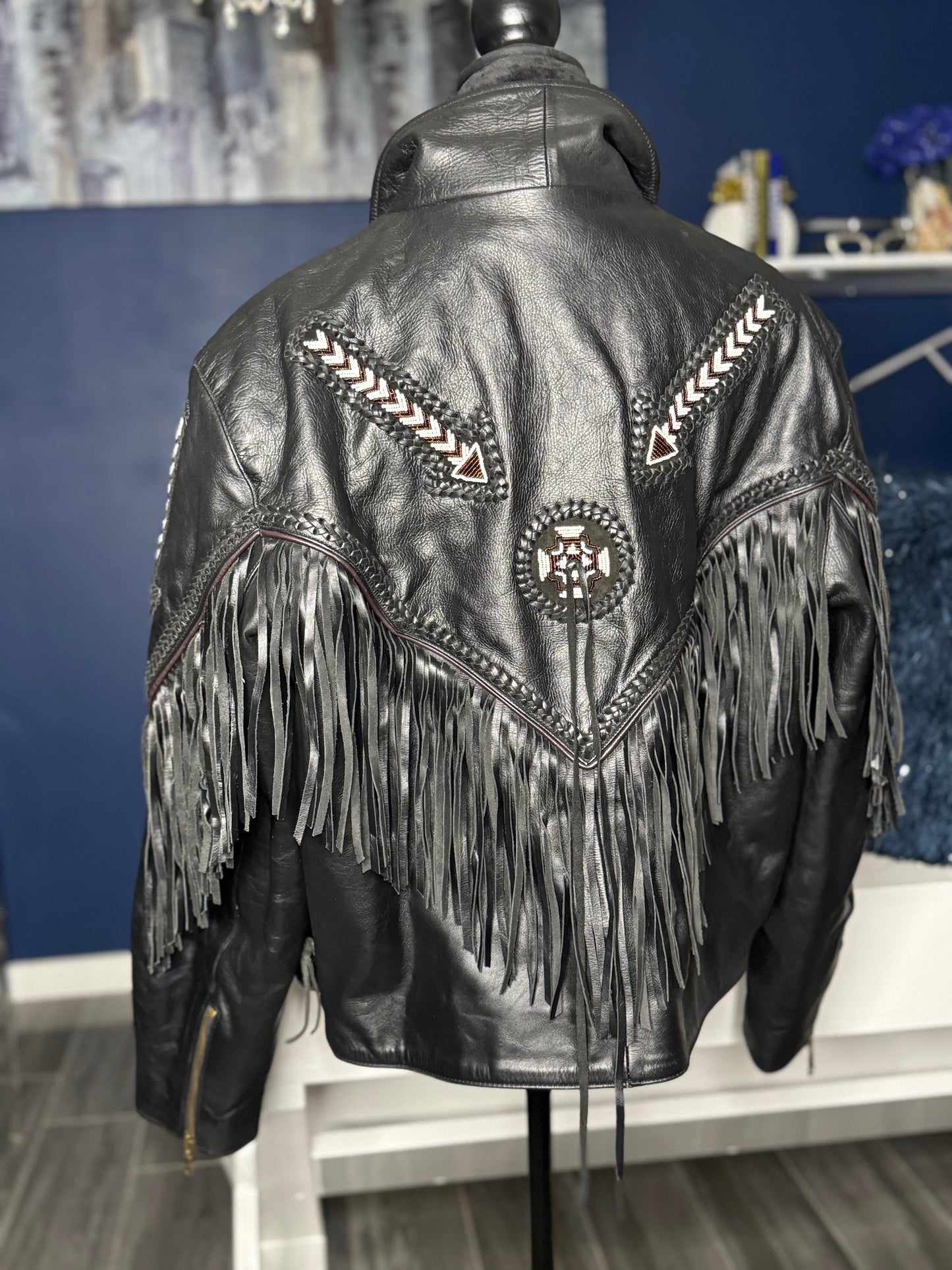 Chrome Gear Leather and Fringe Beaded Riding Jacket (Size 1X)PTP 25