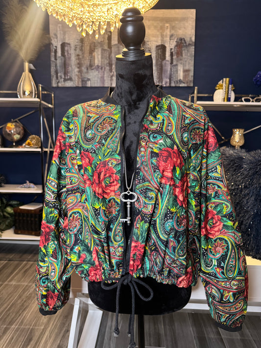 9.19.25  Double Take Reversible Paisley Bomber Jacket (Size 1X)