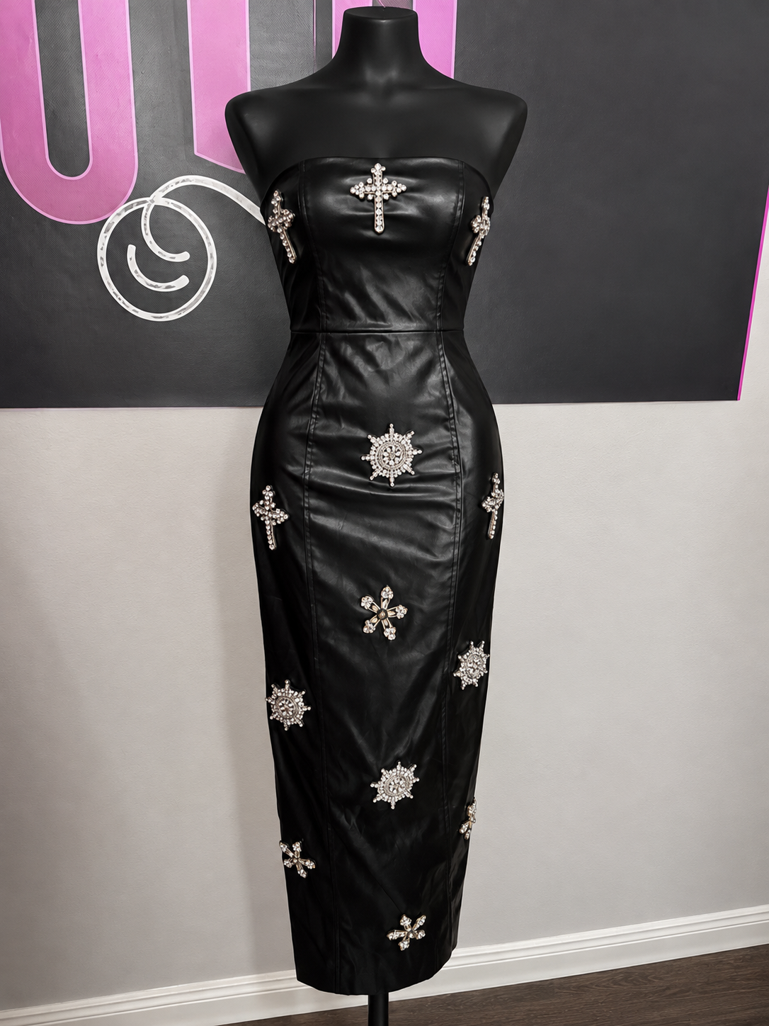 New with Tags Black Faux Leather Embellished Strapless Dress (Size Medium)