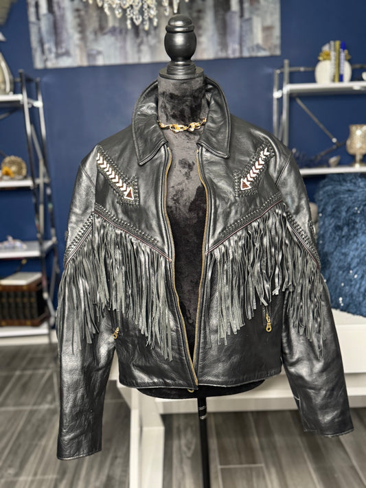 Chrome Gear Leather and Fringe Beaded Riding Jacket (Size 1X)PTP 25
