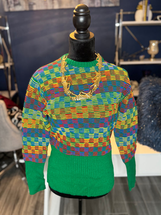 11.17.25 Vintage Multicolor Green Patterned Sweater (Size Medium)