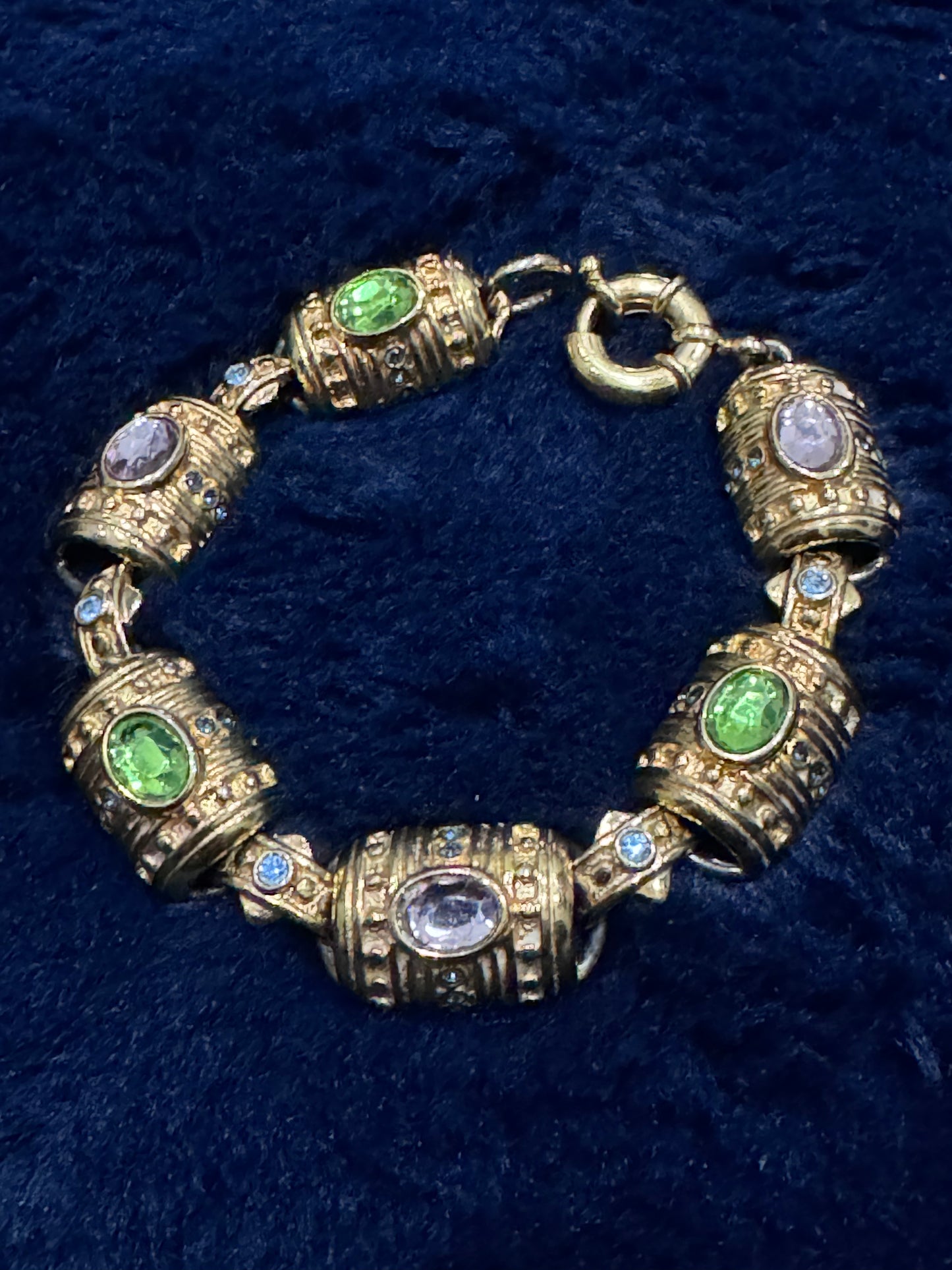Premier Designs gold-toned barrel link bracelet with pastel green, purple, and blue rhinestones