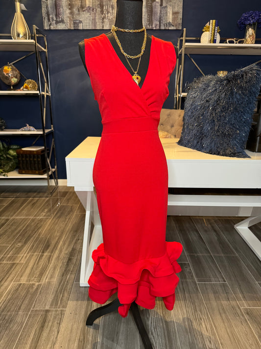 New with tag Fashion Nova Red Ruffle Hem Dress (Size 1X/stretch)