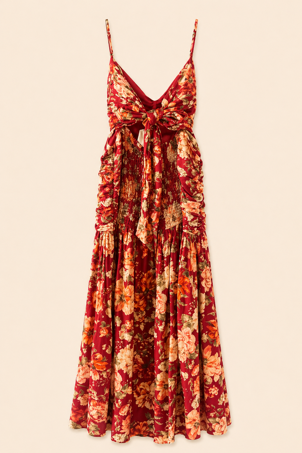 5.10.26 Posse Raquel Linen-blend Maxi Dress Size M Red Floral Backless Ruched Front (Size Large- (Retail $140 - $200)