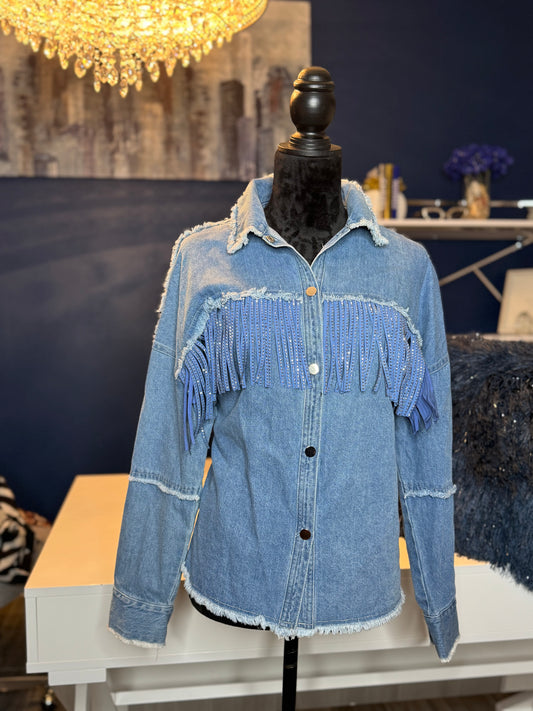 11.18.25 Peach Love Denim Fringe Shacket (Fits a Large )