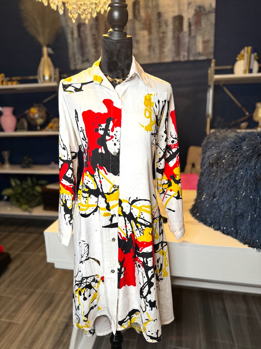 Step In Style Artsy Paint Splatter Button Up Dress (Size Med/Large)