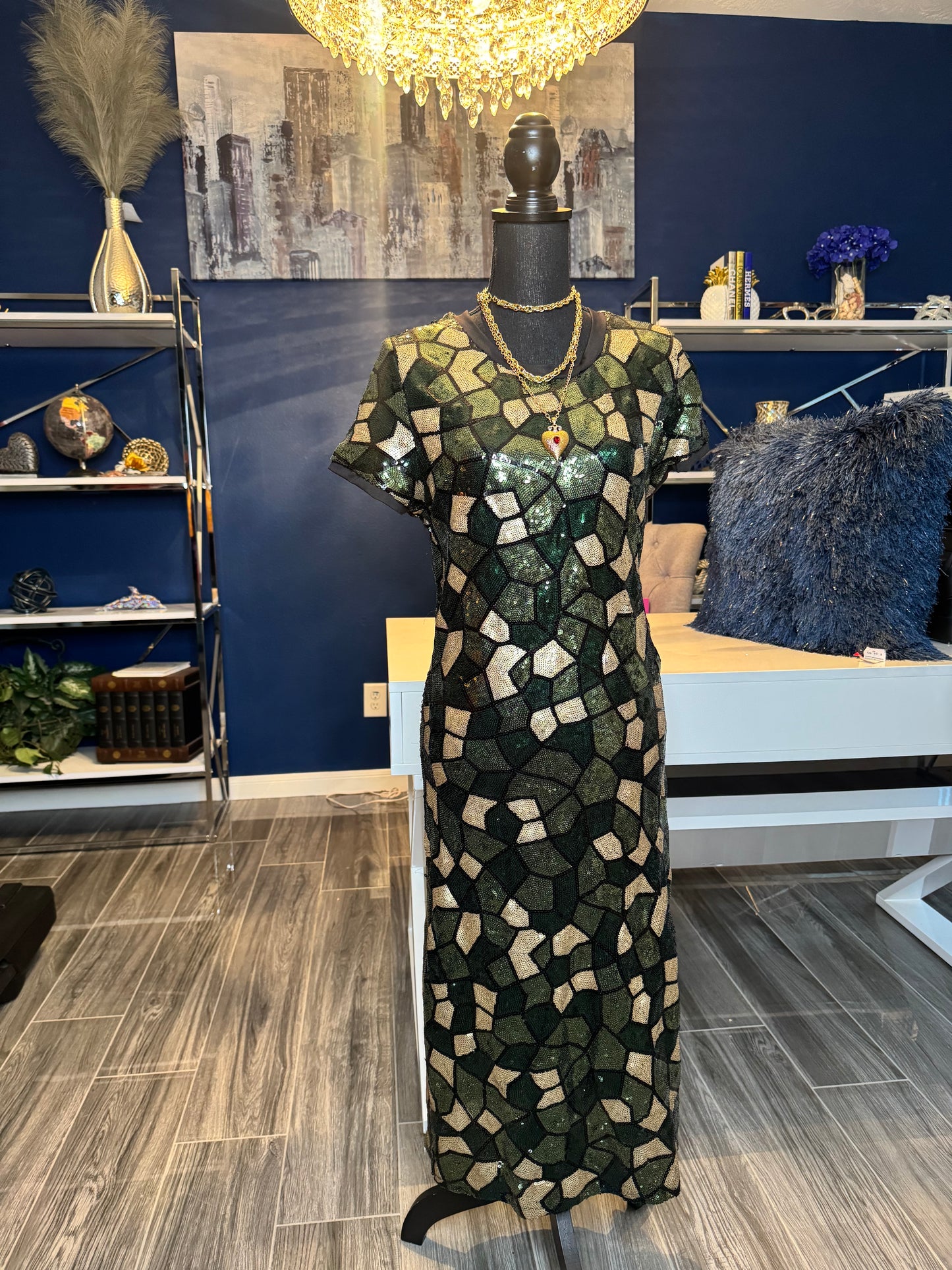 Ashley Stewart Olive Sequin Maze Dress (Size 14/16 with Stretch)