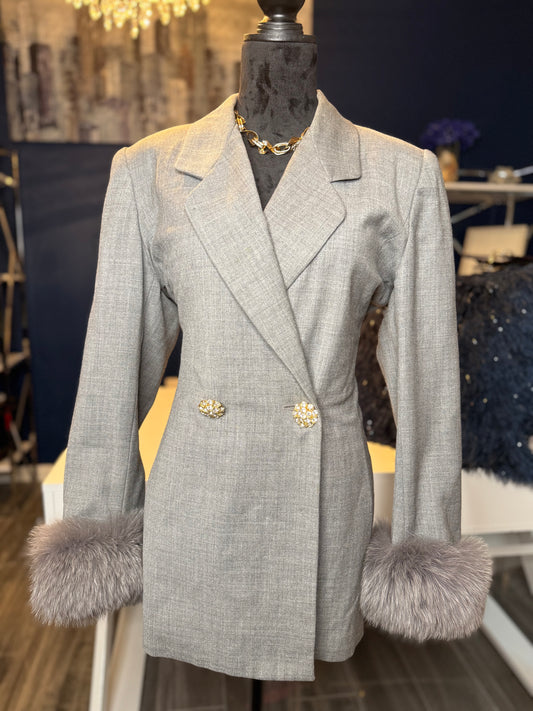 Lily & Taylor Gray Faux Fur Sleeve Blazer (Size 10)