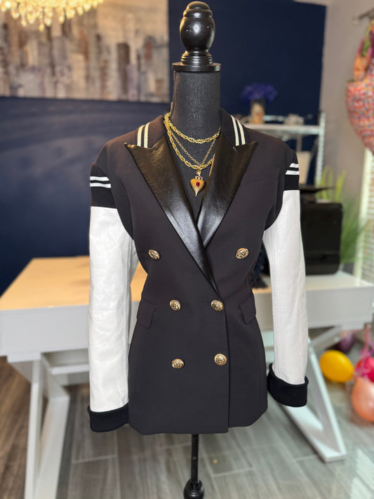 9.6.25 Black White Faux Leather Colorblock Bomber Blazer (Fits a Medium)