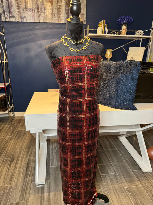 9.19.25 NEW with Tags Elloquii All over Sequin Plaid Strapless Gown (Size 14/stretch)