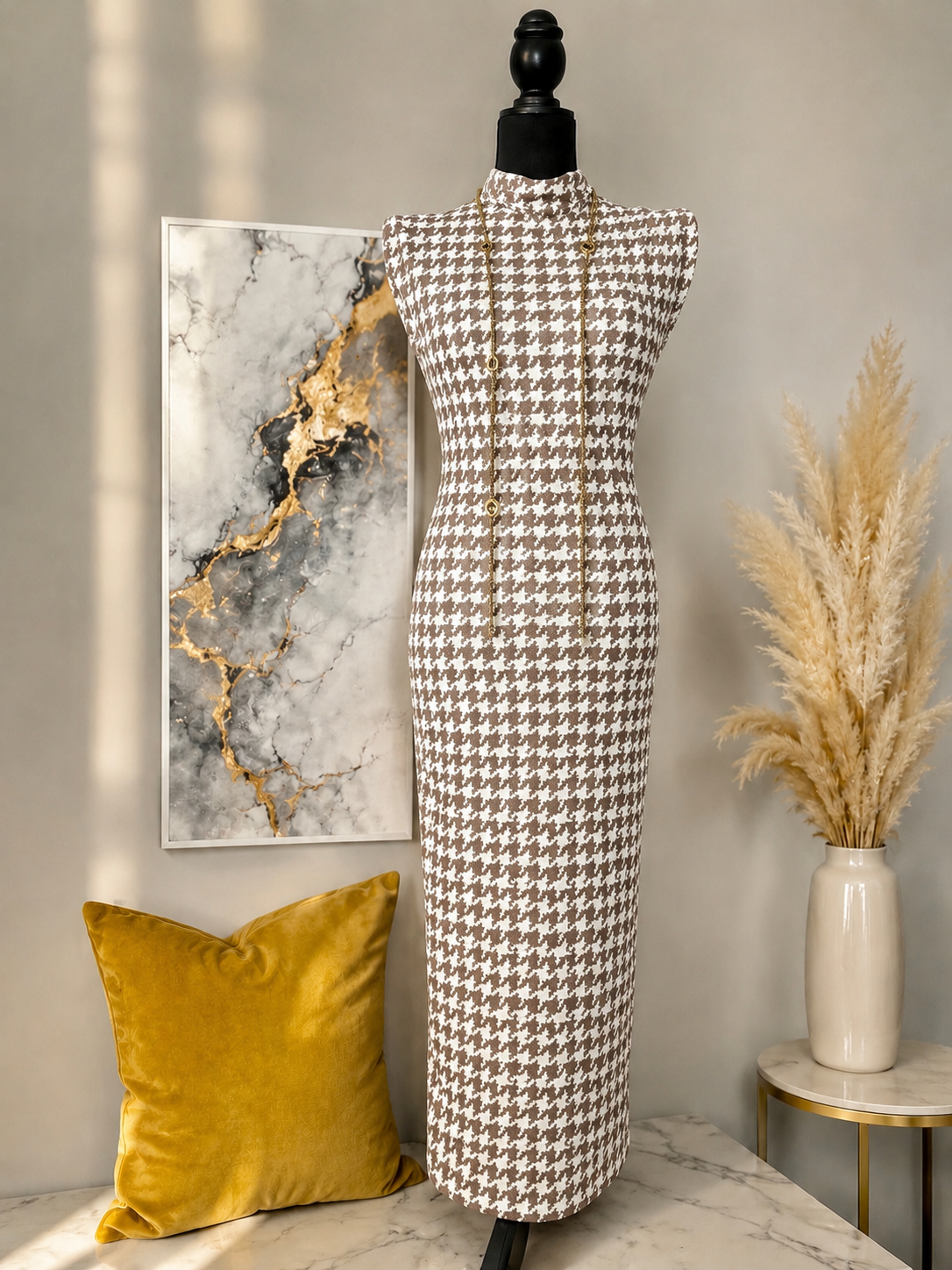 5.17.26 Taupe Houndstooth Bodycon Dress with Padded ShouldersSize Small with stretch