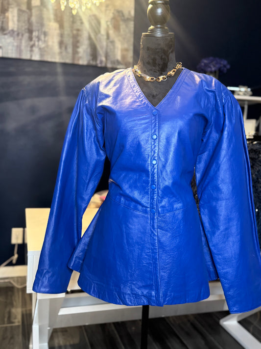 Vintage Electric Blue Leather Peplum Jacket (Size Large/ PTP 21 inches )