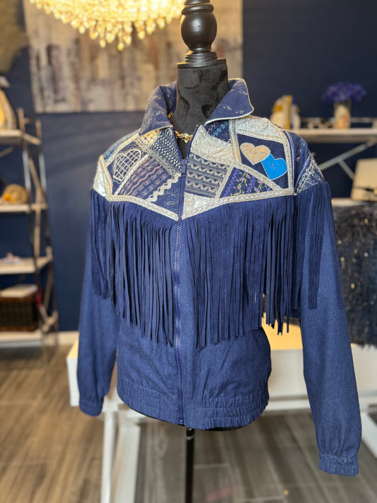 Vintage Denim Patchwork Fringe Jacket (Size 1X)