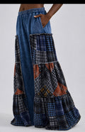 6.28.26 NWT Mineral Wash Blue Plaid Wide Flair Pants (Size Large/stretch)