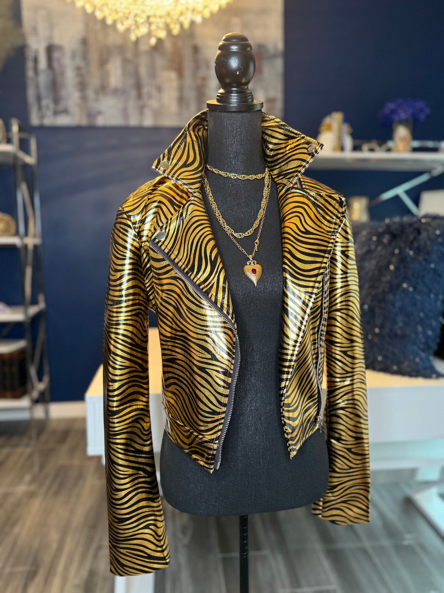9.7.25 NWT Akira Gold Tiger Faux Leather Moto Jacket ( Size Medium)