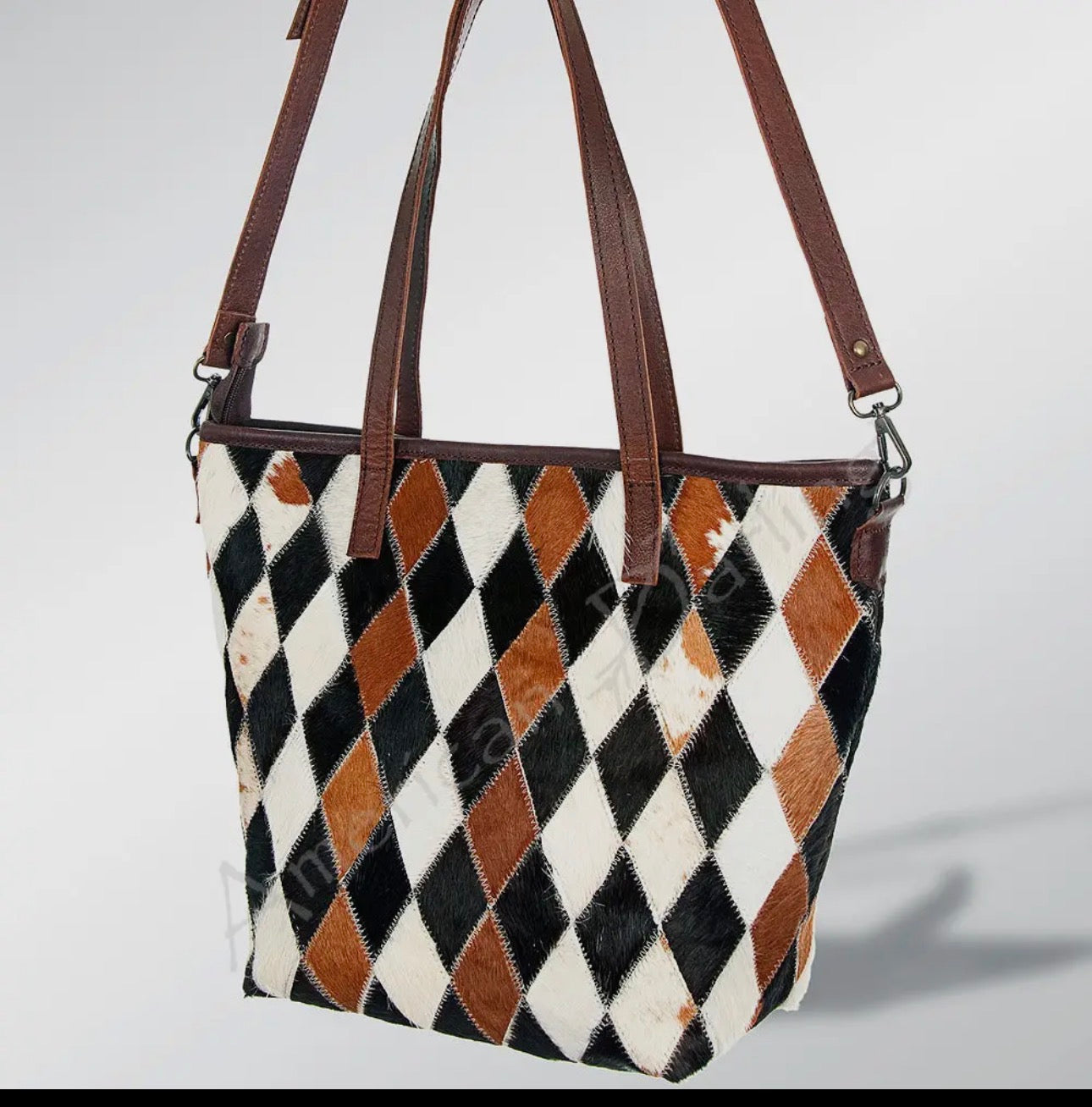 3.8.26 New America Darling Diamond Leather Calf Hair Tote with Tooled Handles