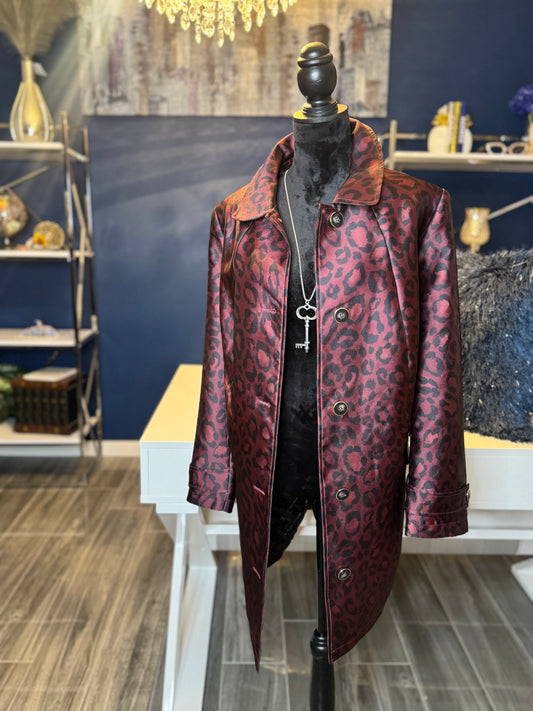 9.19.25 DENNIS BASO Burgundy Leopard Midi Trench Jacket (Size 1X)