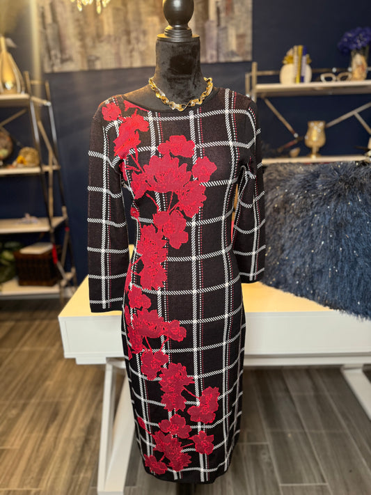 Vince Camuto Plaid & Roses Knit Dress (Size Medium with stretch)