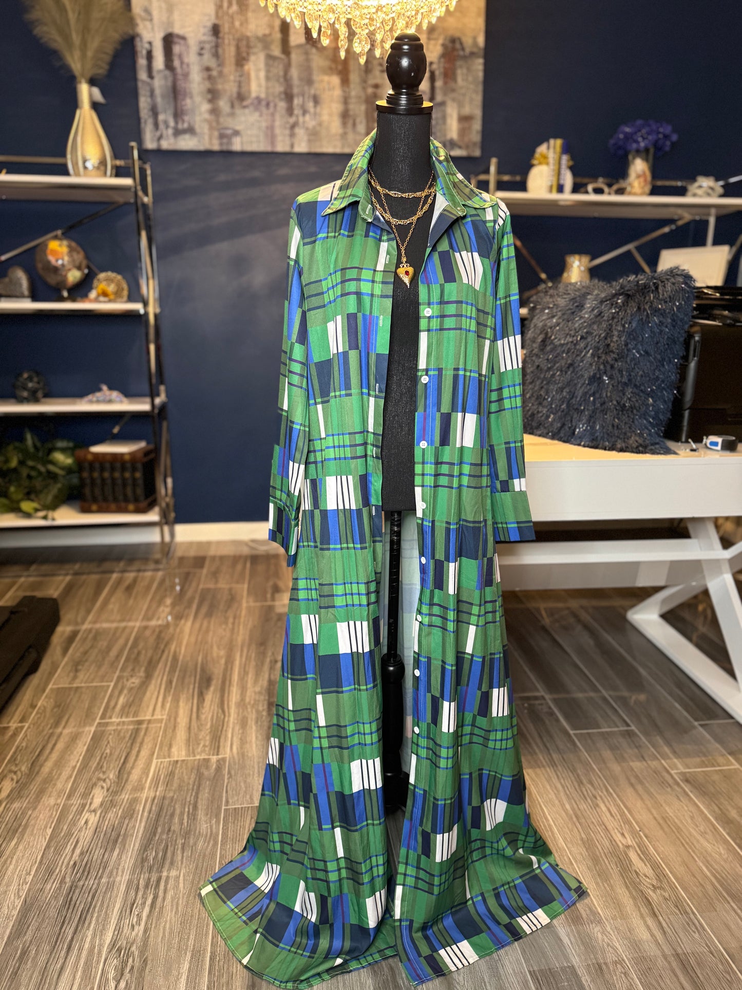 Green Plaid Long Shirt Dress/Duster (Size Medium)