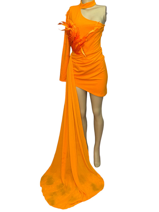 4.15.24 NWT Posh by V Orange Feather Dress (Size Med)