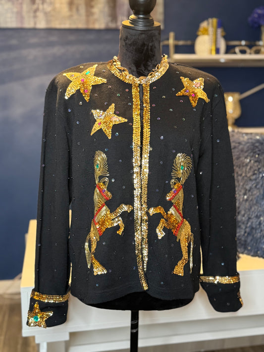 10.13.25 Vintage Outlander Sequin and Beaded Royalty Cardigan (70% acrylic/ 30%wool) Size Large