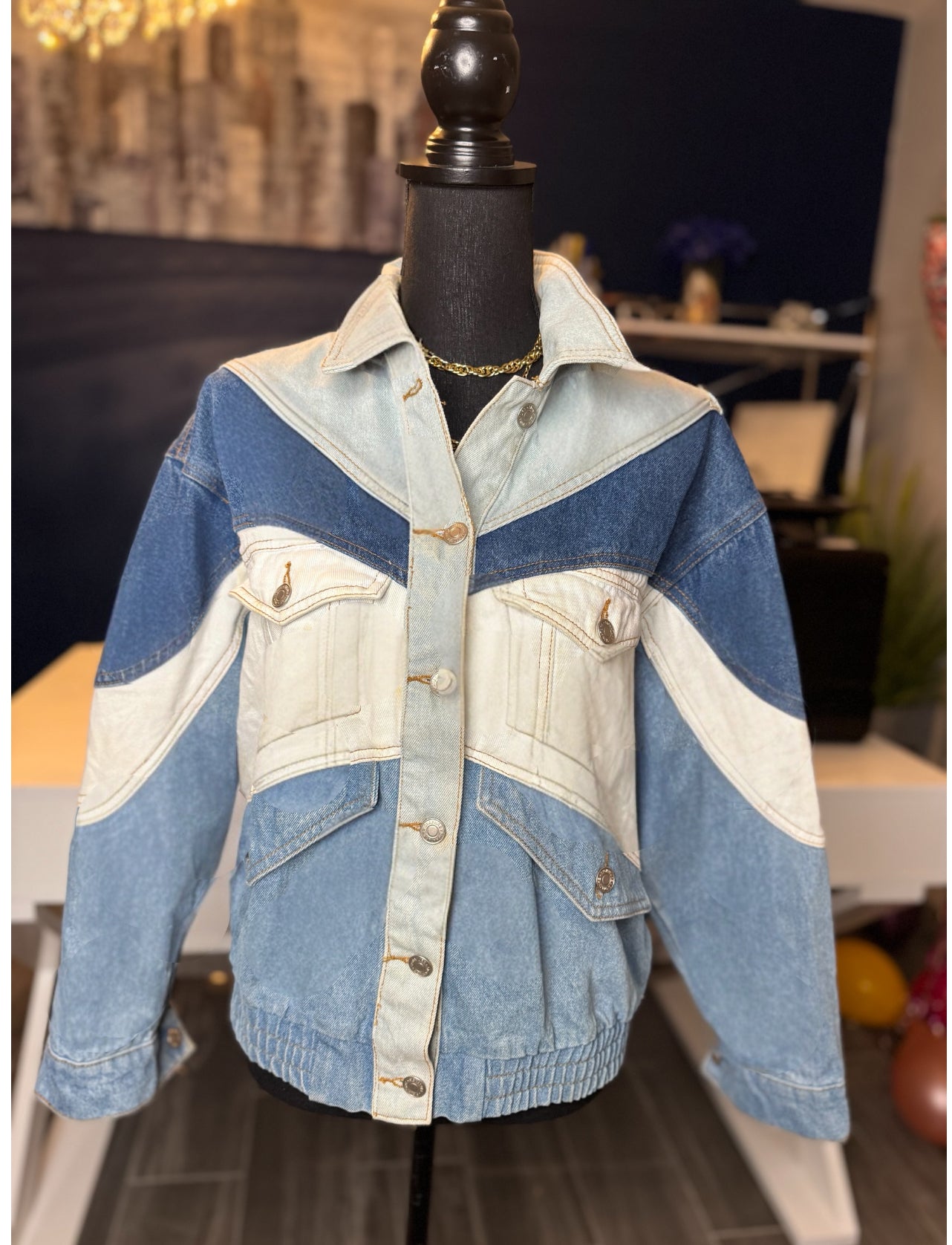 9.6.25 Signature 8 Colorblock Denim Bomber Jacket (Fits Large)