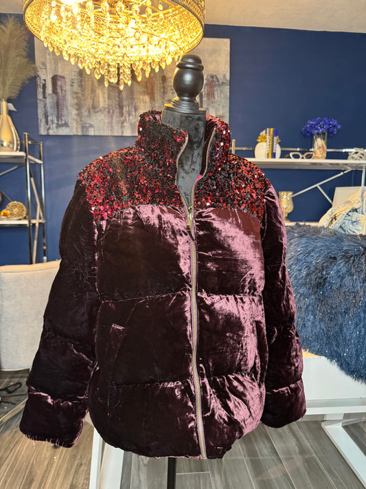 11.18.25 New with Tag Wine Color Anthropologie Maeve Vera Sequin Velvet Puffer Jacket (Size XL) Retail $268