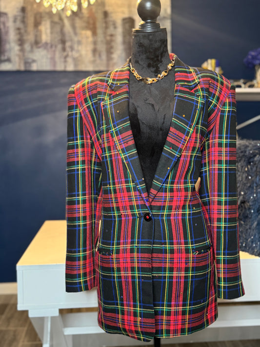 Vintage Stephanie Queller Tartan Plaid Blazer with Multicolor Rhinestones (Size 12/PTP 21)