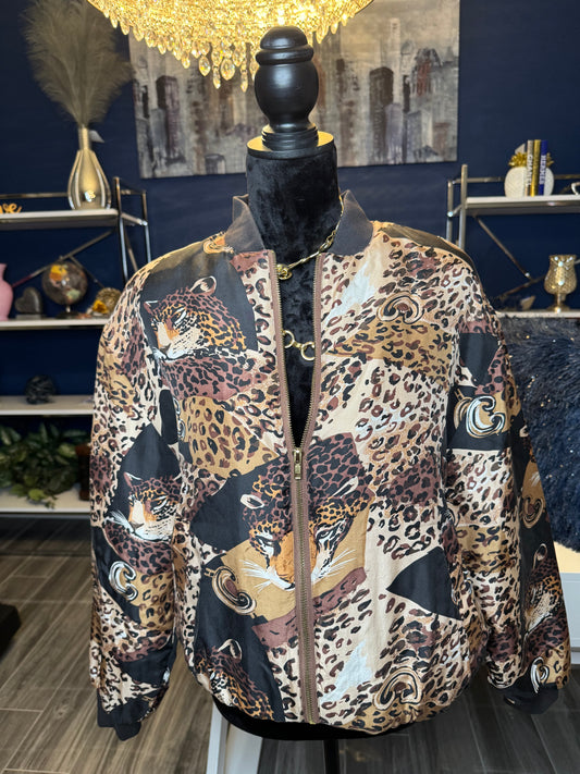 9.19.25 Vintage JJ Arnold Silk Animal Print Bomber Jacker (Size Large)