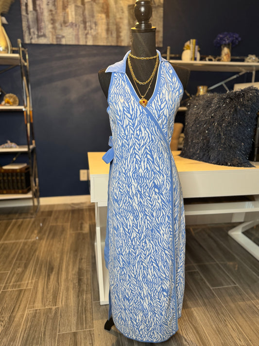 9.27.25  New with Tags Diane von Furstenberg xTarget  Collared Sleeveless Blue Sweaterknit Midi Wrap Dress (Size Medium with stretch)