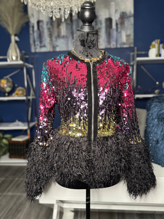 Boutique Sequin Jacket with Faux Fur Trim (fits a Medium) PTP 19