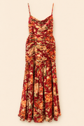 5.10.26 Posse Raquel Linen-blend Maxi Dress Size M Red Floral Backless Ruched Front (Size Large- (Retail $140 - $200)