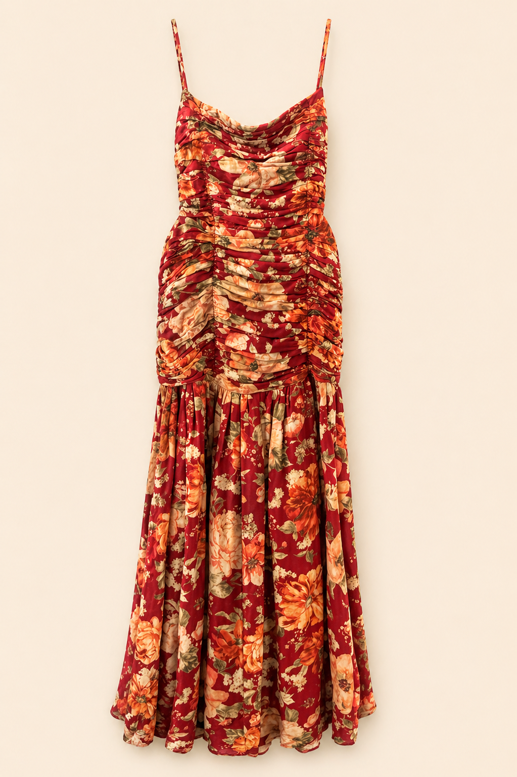 5.10.26 Posse Raquel Linen-blend Maxi Dress Size M Red Floral Backless Ruched Front (Size Large- (Retail $140 - $200)