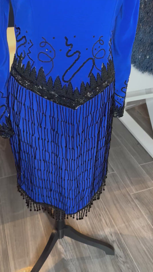 Vintage Fabrice Silhouette 80s 90s Beaded Fringe Dress / Blue and Black Beaded Trophy Dress (Size Medium) PTP 19